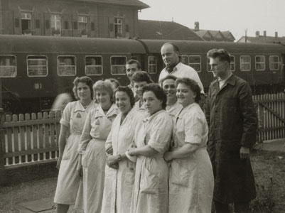 Company founder Dr Georg H. Endress (centre) with workers in L&#246;rrach, Germany, 1955.
